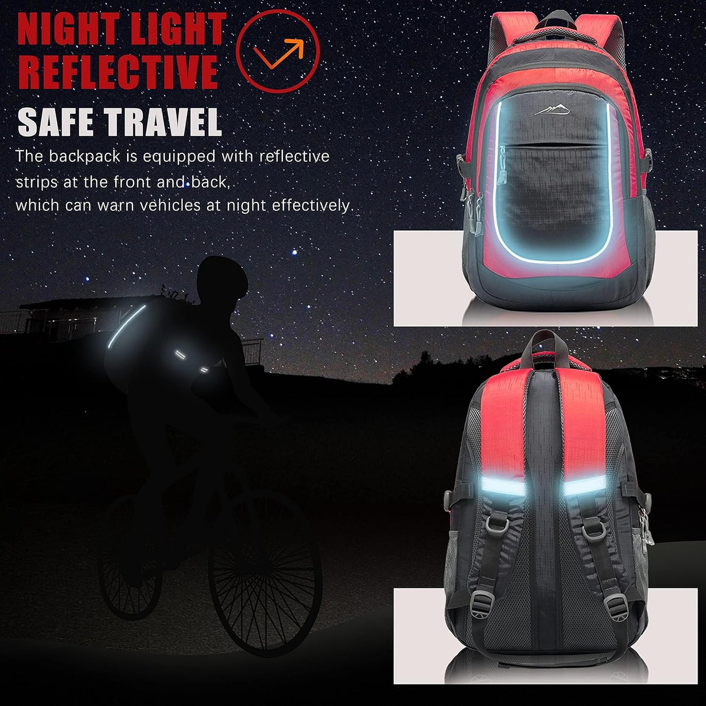 ProEtrade Extra Large Backpack Bookbag for College Travel Laptop Business Hiking Backpack Fit Laptop Up to 17 Inch Sturdy Multi Compartment Gifts for Men Women Night Light Reflective (Light Red)