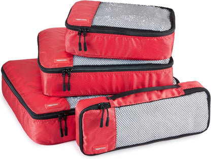Amazon Basics Packing Cubes for Travel, Packing Organizers Set, 4-Piece-Set (Slim, Small, Medium, Large) With Double Zipper Pulls and Mesh Top Panel, 100% Durable Polyester, Red