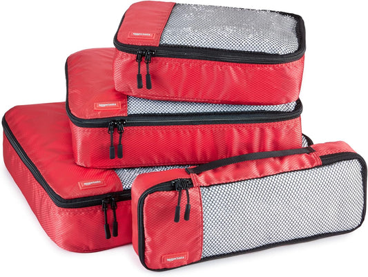 Amazon Basics Packing Cubes for Travel, Packing Organizers Set, 4-Piece-Set (Slim, Small, Medium, Large) With Double Zipper Pulls and Mesh Top Panel, 100% Durable Polyester, Red