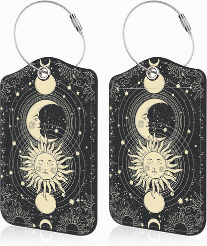 Set of 2 Luggage Tags for Suitcases Sun Moon Astrology Phases Leather Suitcase Tags Identifiers with Privacy Name Address Label and Stainless Steel Loop for Women Men Travel Luggage Accessories