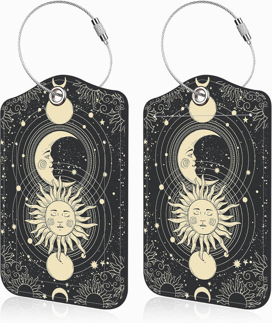 Set of 2 Luggage Tags for Suitcases Sun Moon Astrology Phases Leather Suitcase Tags Identifiers with Privacy Name Address Label and Stainless Steel Loop for Women Men Travel Luggage Accessories