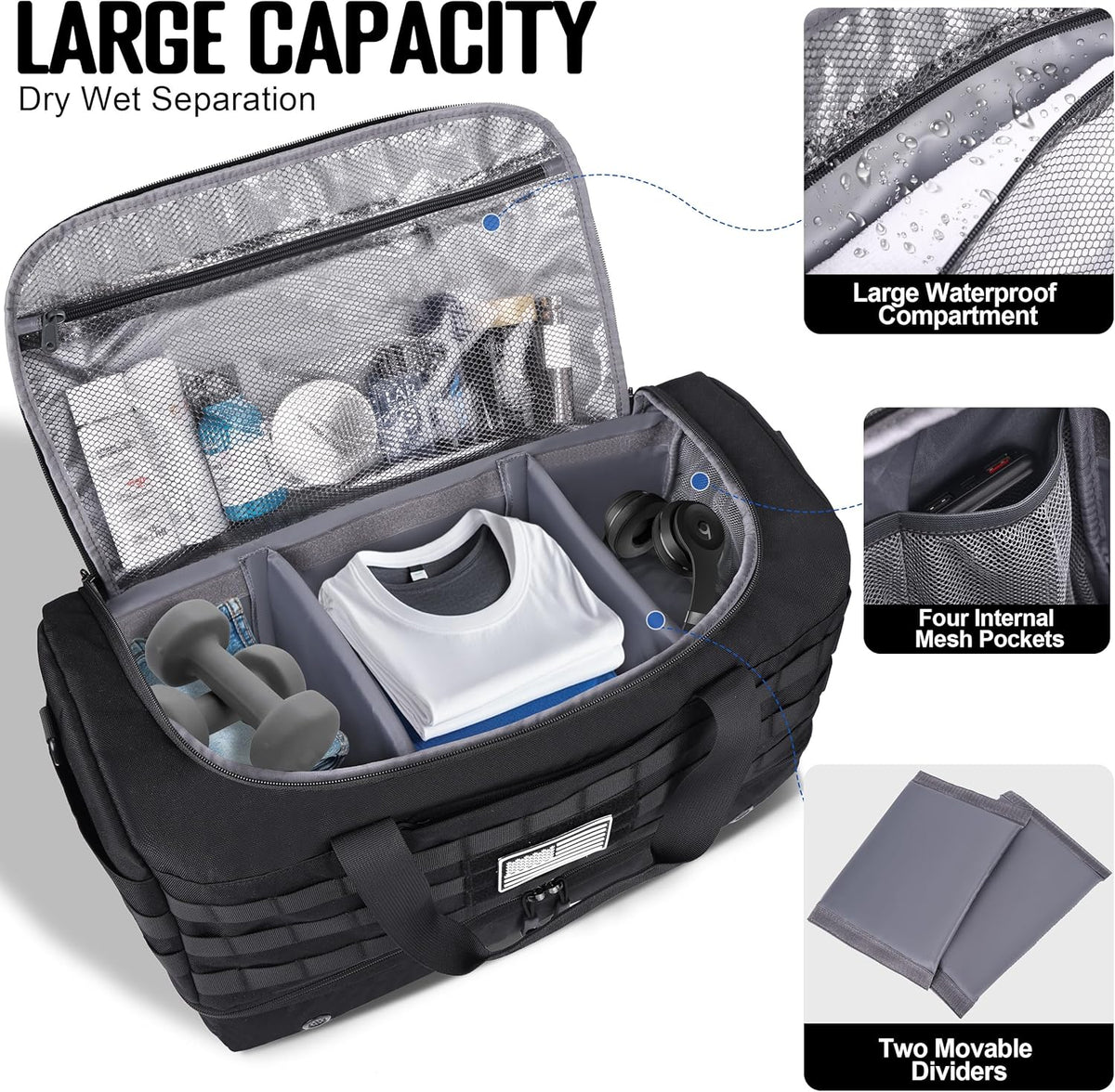 MOZETO Mens Travel Duffel Bag with Compartments, Tactical Inspired GYM Work Police Duty Law Enforcement Carry-on Bag with YKK Zippers Anti-Theft RFID Blocking Wet-Dry Separated Compartment