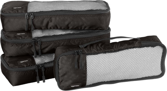 Amazon Basics Slim Packing Cubes for Travel, Packing Organizers, 4-Piece-Set With Double Zipper Pulls and Mesh Top Panel, 100% Durable Polyester, Black, 14"L x 5"W x 3"H