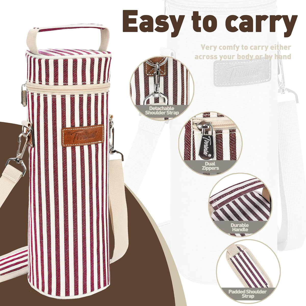 Tirrinia Single Wine Cooler Bags - Insulated & Padded Portable Wine Gift Tote Carrier for Travel, BYOB Restaurant, Wine Tasting, Party, Great Gift for Wine Lover, Wine Stripe