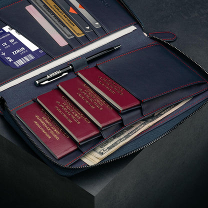 TORRO Premium Leather Family Travel Wallet, RFID Blocking Travel Organizer, Family Passport Holder for 4 Passports, Travel Documents and Cards (Navy Blue)