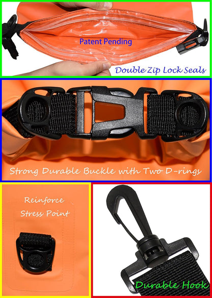 Freegrace Waterproof Dry Bags Set of 3 Dry Bag with 2 Zip Lock Seals & Detachable Shoulder Strap, Waist Pouch & Phone Case - Can Be Submerged Into Water - for Swimming (Orange, 5L)