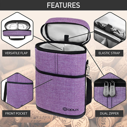 opux 2 Bottle Wine Carrier Tote, Insulated Leakproof Wine Cooler Bag, Wine Travel Bag for Picnic BYOB Beach, Portable Wine Bottle Carrying Case, Gift for Wine Lover Women Men Christmas, Purple