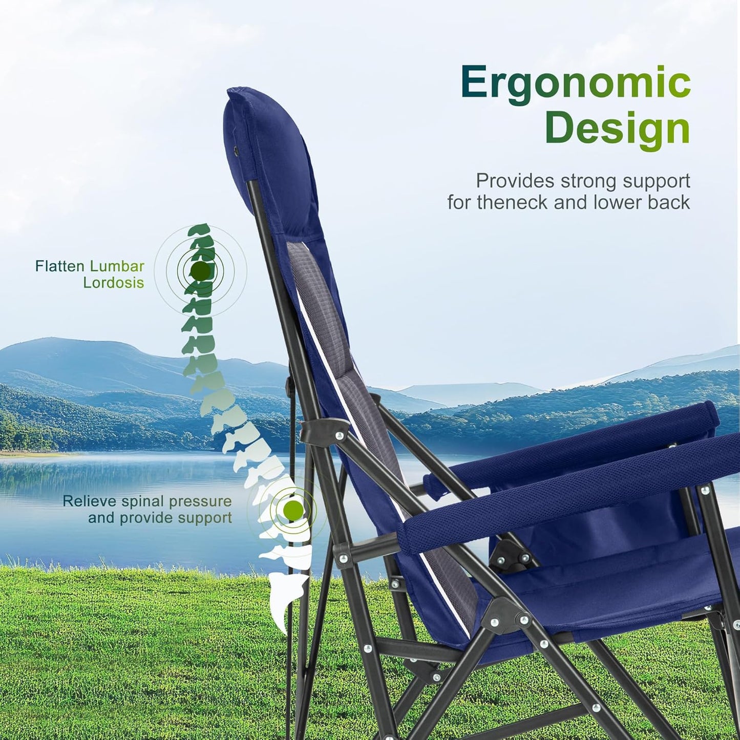 ALPHA CAMP Oversized Folding Camping Chairs High Backrest Heavy Duty Lawn Chairs for Adults Support 500 LBS Portable Camp Chairs with Cup Holders Large Side Pocket Outdoor Chair 2 Pack