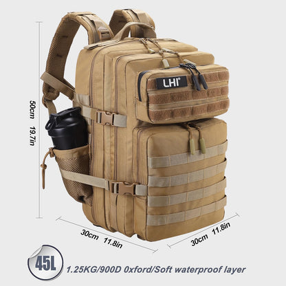 LHI Military Tactical Backpack for Men and Women 45L Army 3 Days Assault Pack Bag Large Rucksack with Shoe Compartment