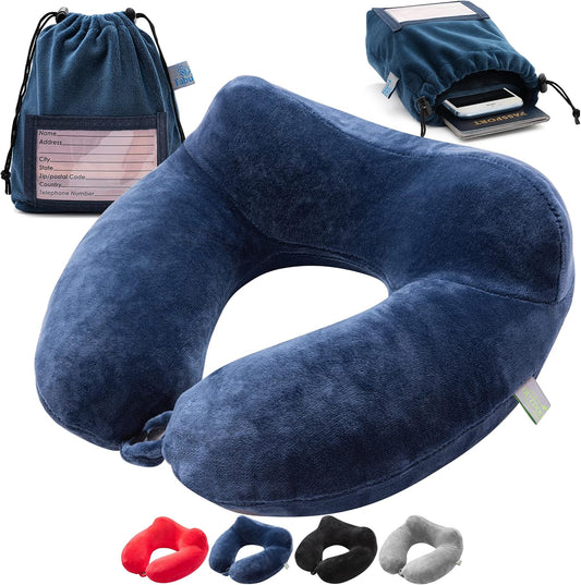 Inflatable Travel Neck Pillow: Extra-Soft, Cushion. For Airplanes, Trains, Cars, Portable Travel Accessory-With Carrying Pouch For cell phone and Passport Etc. (Blue)