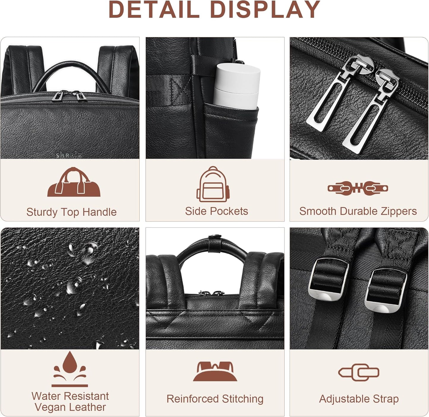 Shrrie Laptop Backpack for Women,Vegan Leather Backpack Work Computer Backpacks fits 16" Laptop,Water Resistant Teacher Nurse Casual Daypack for Weekender Camping Travel,Two-toned Black