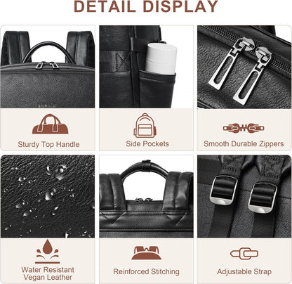 Shrrie Laptop Backpack for Women,Vegan Leather Backpack Work Computer Backpacks fits 16" Laptop,Water Resistant Teacher Nurse Casual Daypack for Weekender Camping Travel,Two-toned Black