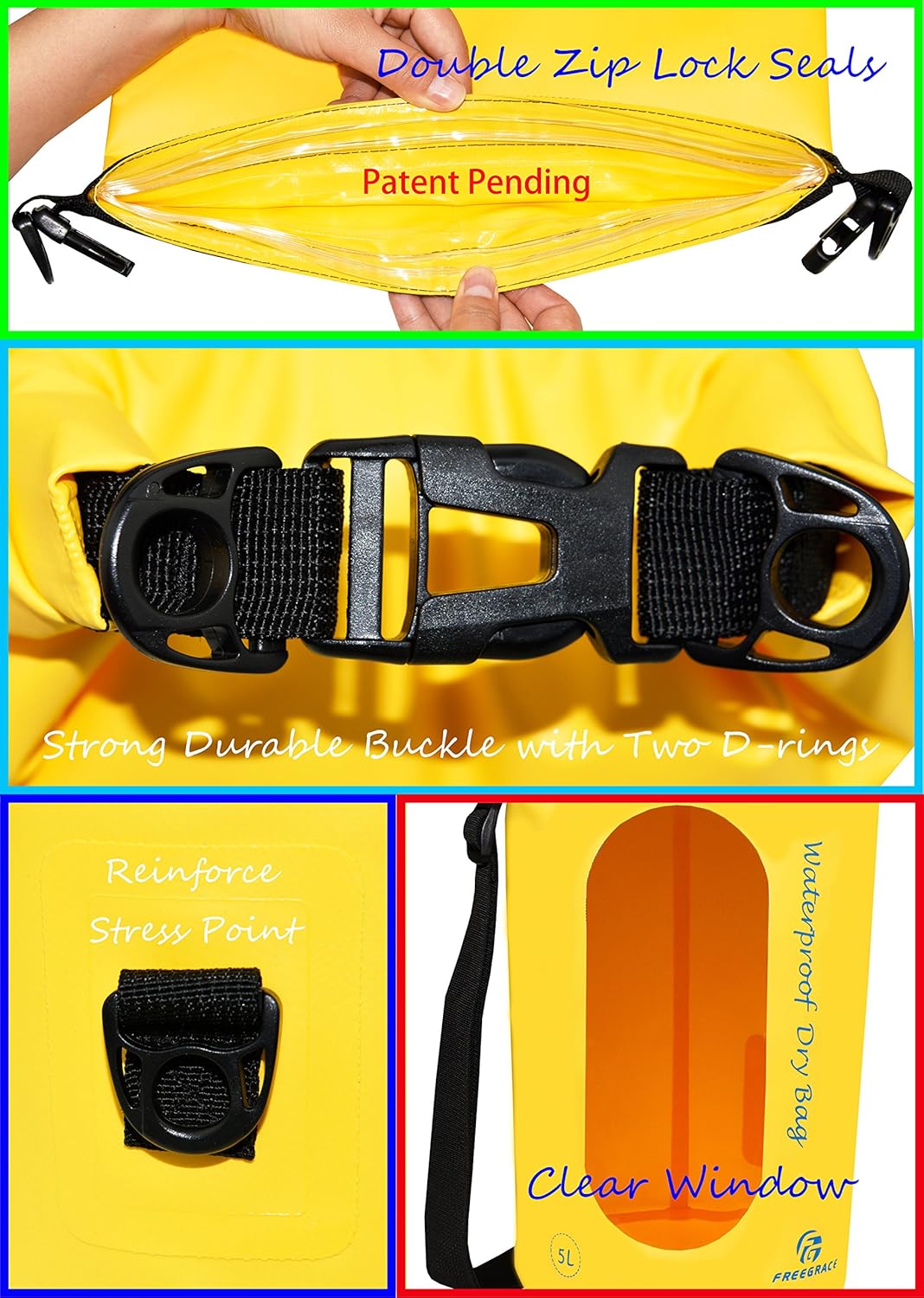 Freegrace Waterproof Dry Bags Set Of 3 Dry Bag With 2 Zip Lock Seals & Detachable Shoulder Strap, Waist Pouch & Phone Case - Can Be Submerged Into Water - For Swimming (Yellow(Window), 5L)