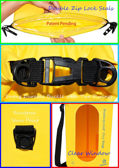 Freegrace Waterproof Dry Bags Set Of 3 Dry Bag With 2 Zip Lock Seals & Detachable Shoulder Strap, Waist Pouch & Phone Case - Can Be Submerged Into Water - For Swimming (Yellow(Window), 5L)