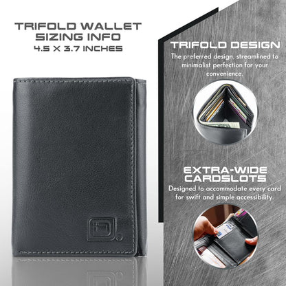 ID Stronghold Men's Leather Trifold Wallet - RFID Blocking - Black Wallet with Gift Box