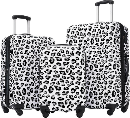 Merax Luggage Sets 3 Piece, Hardside Expandable Suitcase Set with Spinner Wheels, Lightweight Leopard Luggage 20+24+28 IN, Leopard White+Black