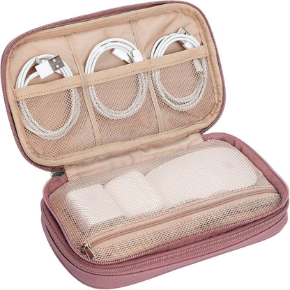 NISHEL Travel Cord Organizer Case, Double Layers Tech Electronic Bag, Essentials for Charger, Cable, Phone, Flash drive, Rose-wood Pink