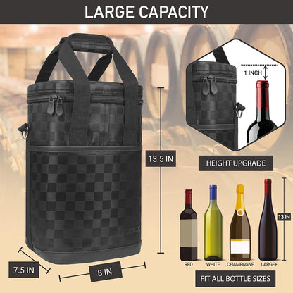 Opux 4 Bottle Insulated Wine Cooler Bag - Leakproof Padded Portable Wine Bottle Carrier for Travel Picnic, BYOB Gift (Black Square)