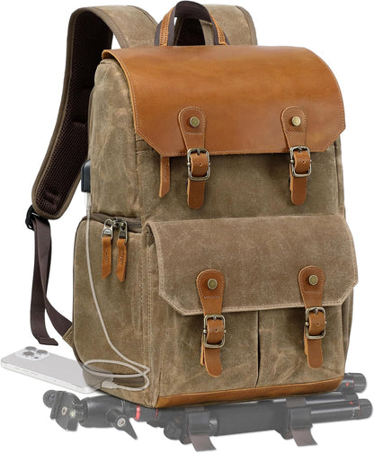 Padwa Lifestyle Khaki Camera Backpack - Weather Resistant Waxed Memory Canvas Camera Backpacks for Photographers,Multi DSLR SLR Camera Bag with 16” Laptop & Lens Compartment and Tripod Holder