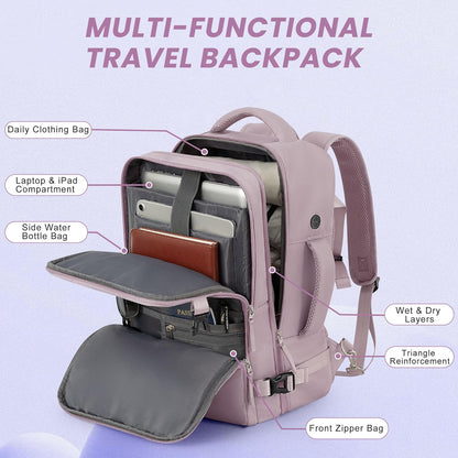 Travel Backpack, Carry on Flight Approved Backpack with Multi-Pockets, TSA Waterproof 17.3inch Laptop Backpack, Personal Item Travel Bag for Men Women, Light Purple