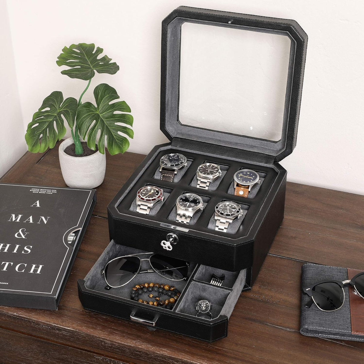 ROTHWELL Gift Box with 6 Slots Leather Watch Box and 2 Watches Travel Case - Storage Box Holder with Glass Top (Black/Grey Gift Box)