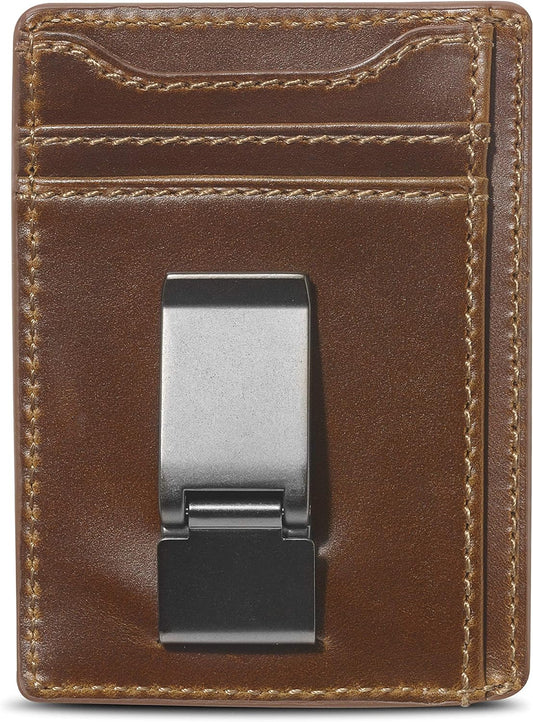 House of Jack Co. Flynn Hinged Money Clip Wallet for Men, Slim Front Pocket Card Holder, Full Grain Cowhide Leather Wallet, Brown