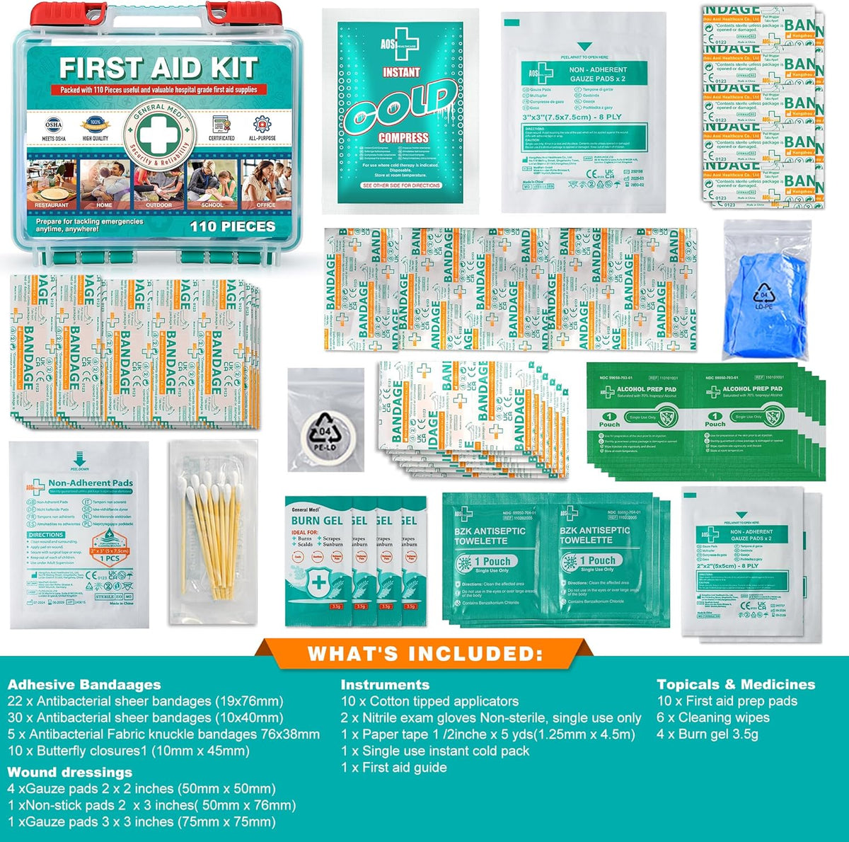 General Medi 110 Pieces Small First Aid Kit - HardCase First Aid Box - Contains Premium Medical Supplies for Travel, Home, Office, Vehicle, Camping, Workplace & Outdoor