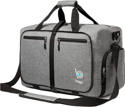 Bago Foldable Duffel Bags for Traveling Women & Men - 40L Sports Packable Duffle Bag for Travel with Shoe Compartment - Water Repellant, Heavy Duty, Lightweight Folding & Collapsible (SnowGray)