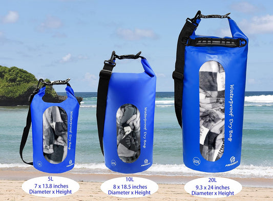 Freegrace Waterproof Dry Bags Set of 3 Dry Bag with 2 Zip Lock Seals & Detachable Shoulder Strap, Waist Pouch & Phone Case - Can Be Submerged Into Water - for Swimming (Navy Blue(Window), 20L)