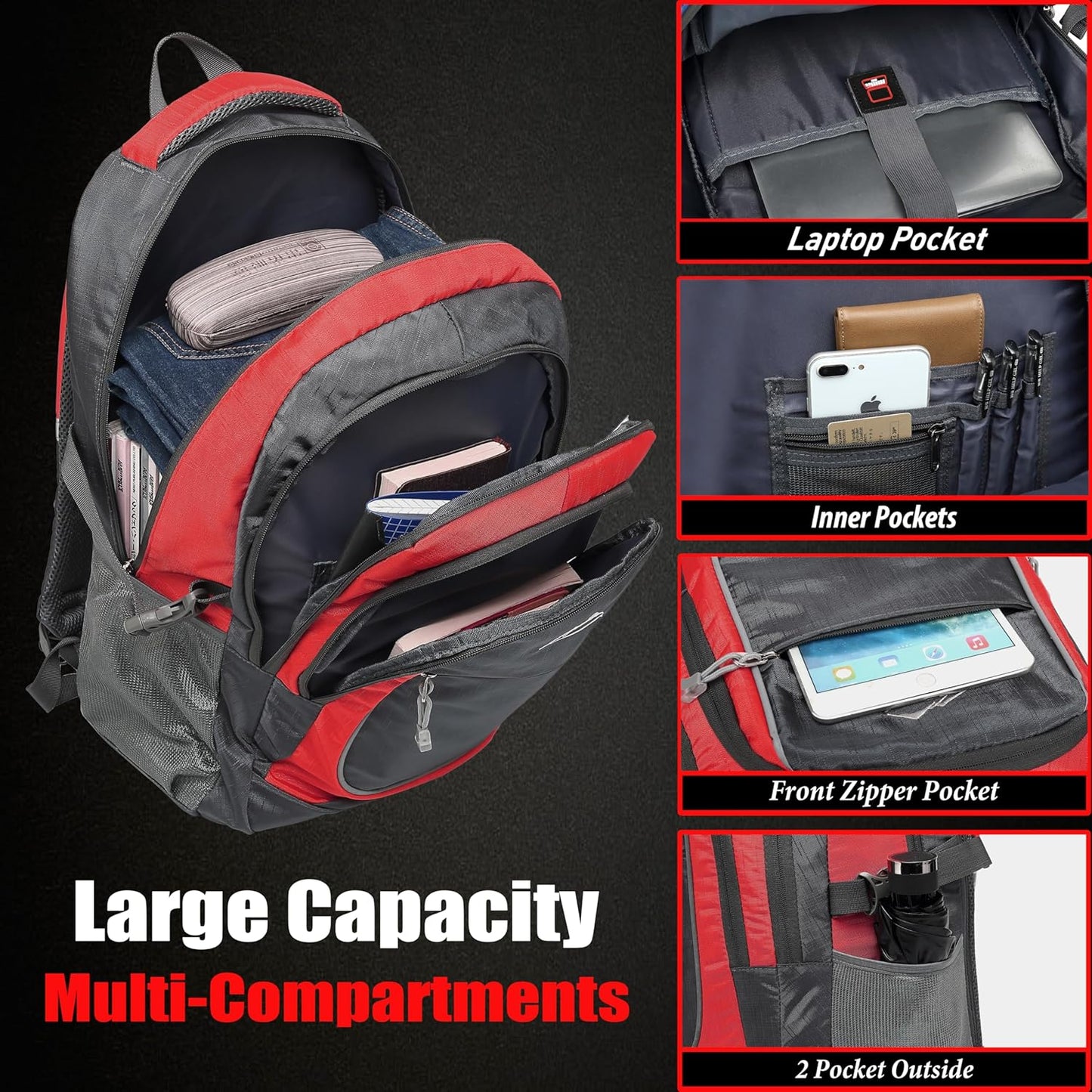 ProEtrade Extra Large Backpack Bookbag for College Travel Laptop Business Hiking Backpack Fit Laptop Up to 17 Inch Sturdy Multi Compartment Gifts for Men Women Night Light Reflective (Light Red)