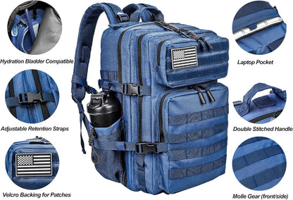 LHI Military Tactical Backpack for Men and Women 45L Army 3 Days Assault Pack Bag Large Rucksack with Molle System - Blue