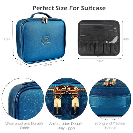 MOMIRA Travel Makeup Bag Cosmetic Bag Makeup Organizer Bag with Lighted Mirror, Adjustable Brightness in 3 Color Scenarios, Waterproof Makeup Train Case, Gift for Women - Phantom Blue