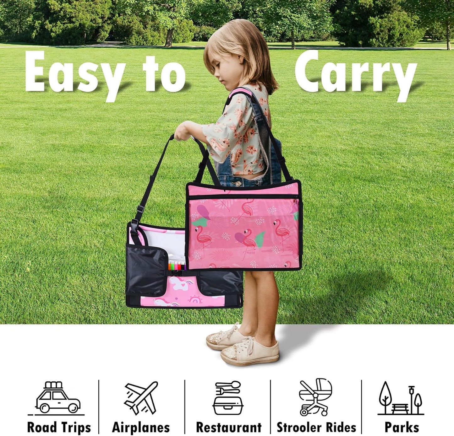 2PCS Kids Travel Tray, Car Seat Tray for kids Travel, Toddler Road Trip Essentials With Drawing Kit, Toddler Lap Desk Organizer for Car, Carseat Table for Airplane