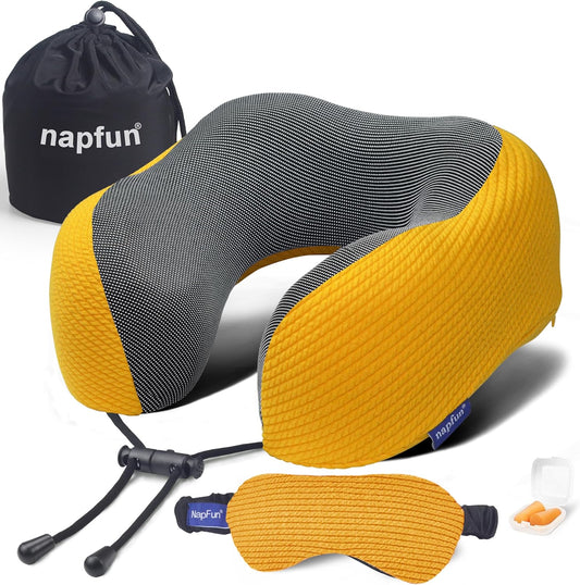 napfun Neck Pillow for Traveling, Upgraded Travel Neck Pillow for Airplane 100% Pure Memory Foam Travel Pillow for Flight Headrest Sleep, Portable Plane Accessories, Yellow, Medium (120-200LB)