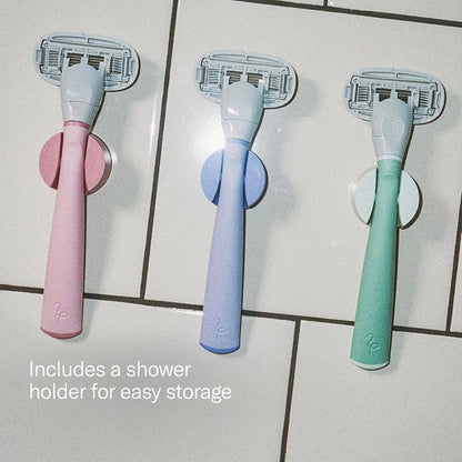 Flamingo Shaving Razor Set for Women - Original Razor Handle, 2 Blade Refills, Foaming Shaving Gel, and Shower Holder - Sage