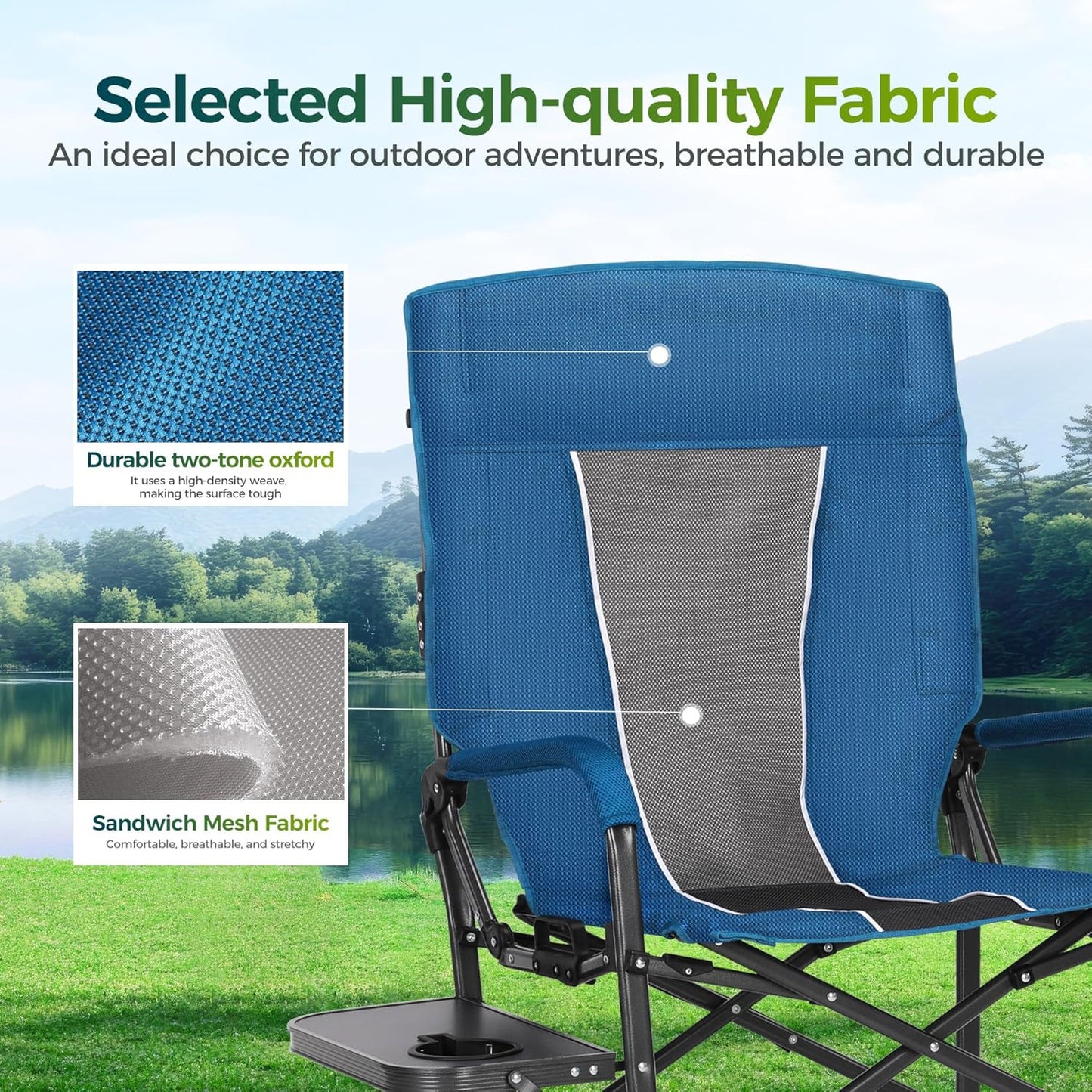 ALPHA CAMP Oversized Folding Camping Chairs High Backrest Reclining Director Heavy Duty Lawn Chairs for Adults Support 300 LBS Fishing Chairs with Large Side Table Cup Holders for Outdoor Fishing