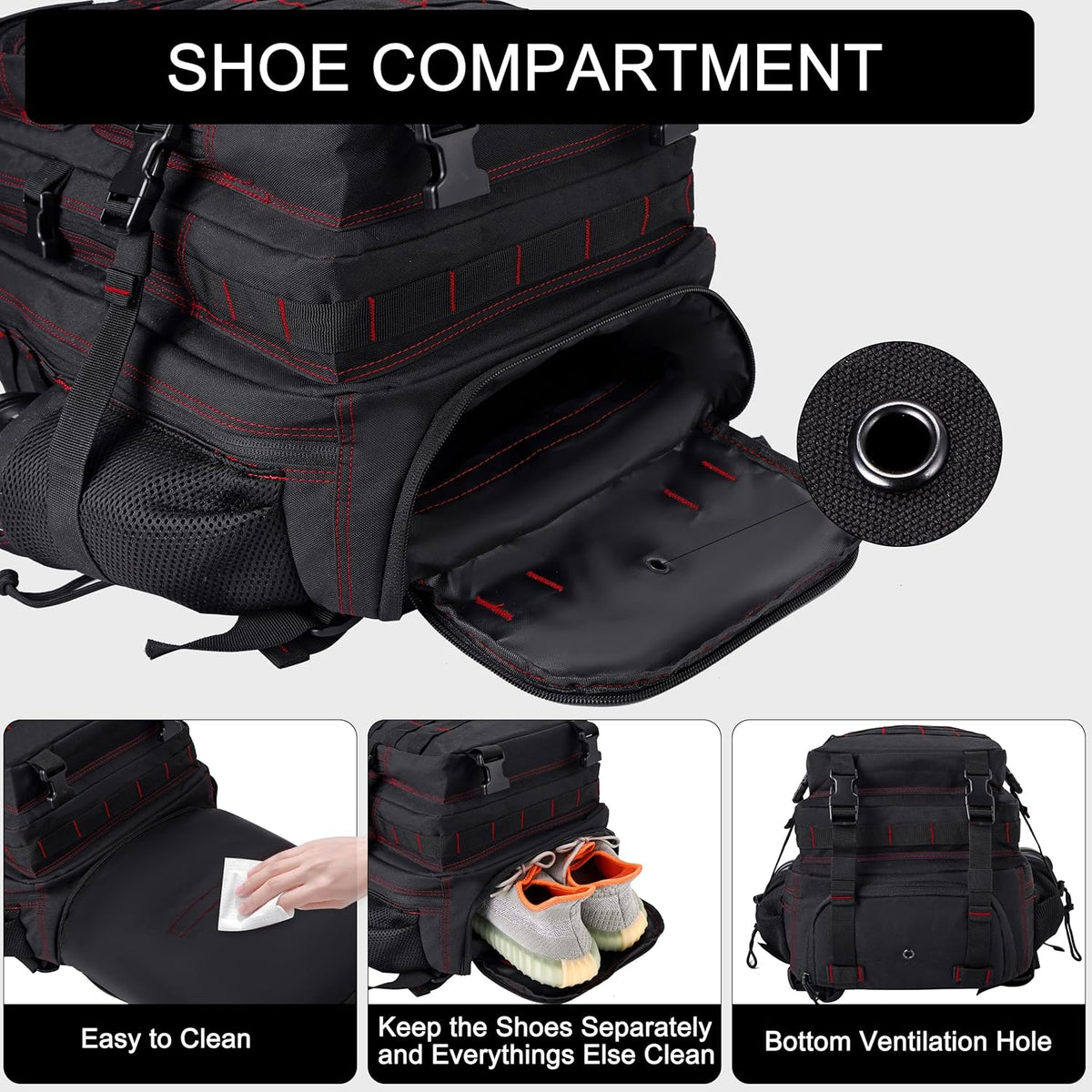LHI Military Tactical Backpack for Men and Women 45L Army 3 Days Assault Pack Bag Large Rucksack with Shoe Compartment - Black red line