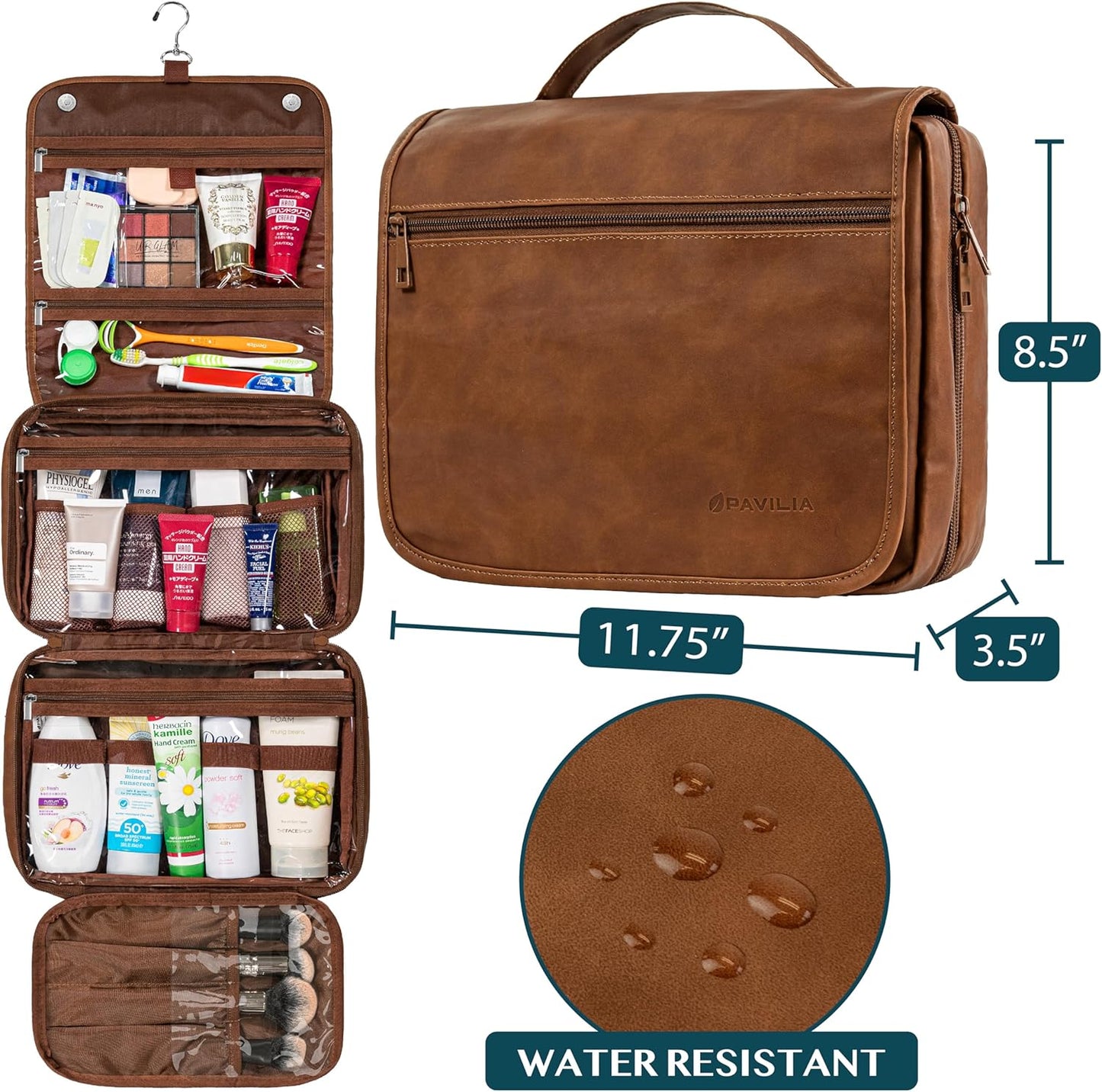 PAVILIA Hanging Toiletry Bag Women Men, Foldable Cosmetic Organizer Travel Bag, Water Resistant Makeup Bag Toiletries, Large Travel Essentials Kit (Brown)