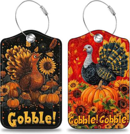 2 Pack Pumpkin and Sunflower Luggage Tags for Suitcases Autumn Turkey Leather Luggage Tags Privacy Cover ID Label with Stainless Steel Loop and Address Card for Women Men Travel Bag Backpack