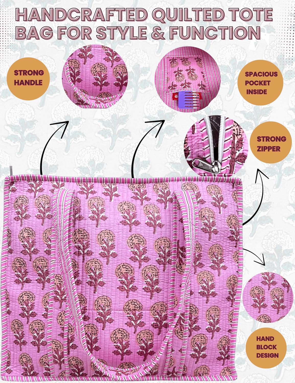 Cotton Quilted Tote Bag for Women – Large Beach & Travel Tote with Zipper, Reusable Grocery Bag