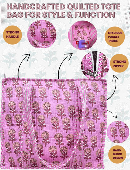 Cotton Quilted Tote Bag for Women – Large Beach & Travel Tote with Zipper, Reusable Grocery Bag