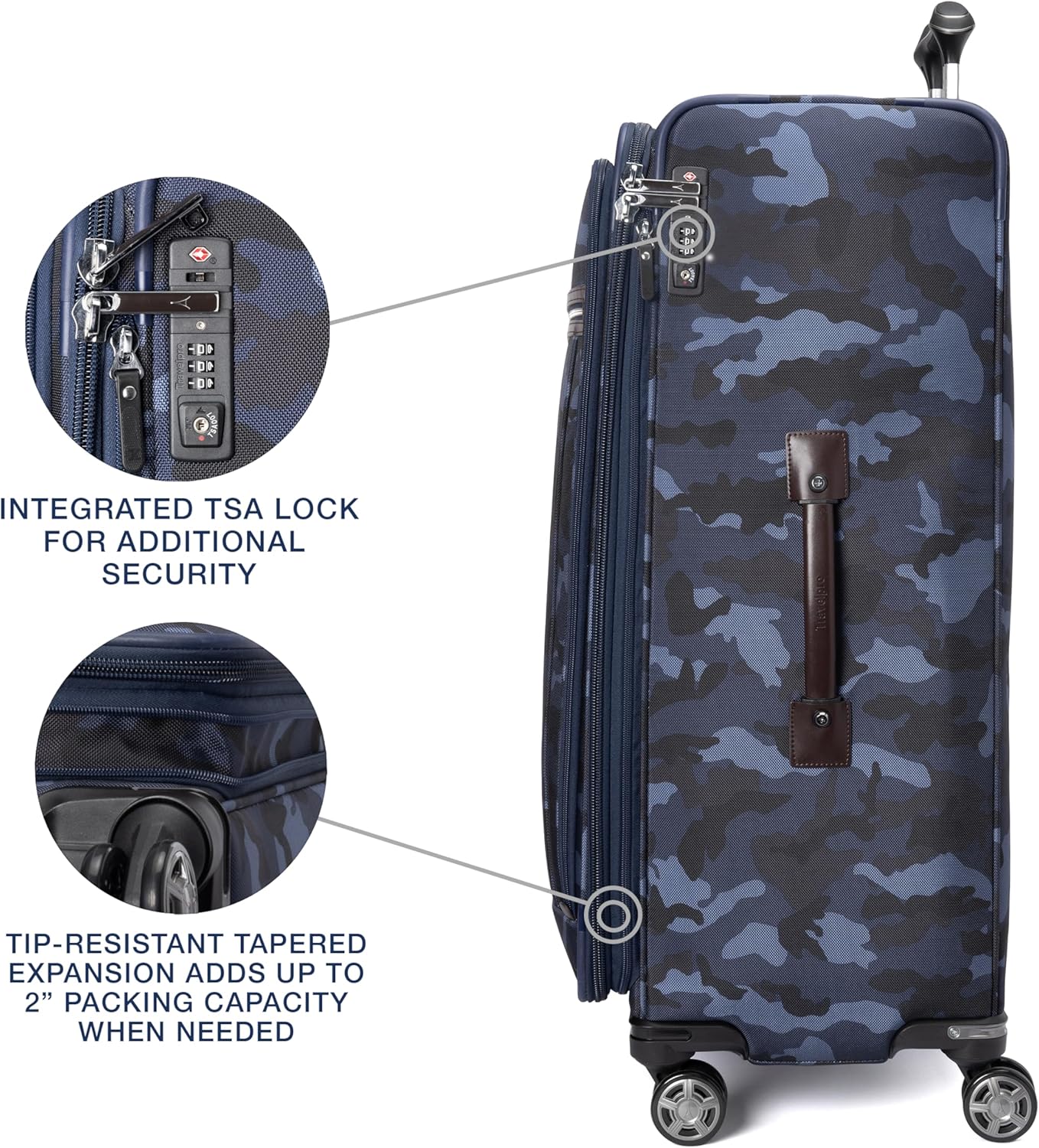Travelpro Platinum Elite Softside Expandable Checked Luggage, 8 Wheel Spinner Large Suitcase, TSA Lock, Men and Women, Navy Camouflage, Checked Large 29-Inch