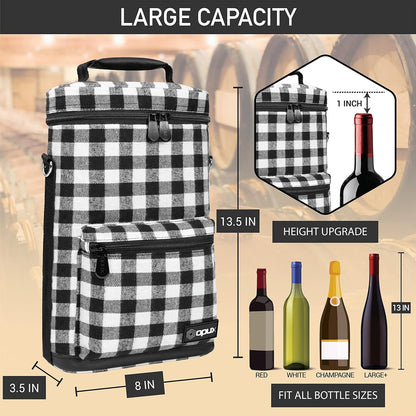 Opux 2 Bottle Wine Tote Carrier, Insulated Cooler Bag for Travel Picnic, Leakproof Padded Case, Wine Gifts for Women & Men, Plaid Buffalo White