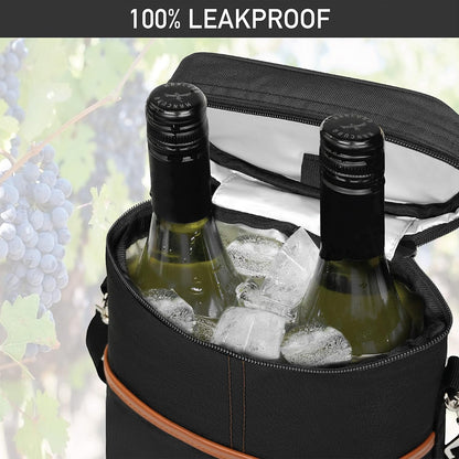 opux 2 Bottle Wine Carrier Tote, Insulated Leakproof Wine Cooler Bag, Wine Travel Bag Tote for Picnic BYOB Beach, Portable Wine Bottle Carrying Case, Gift for Wine Lover Women Men Christmas, Brown