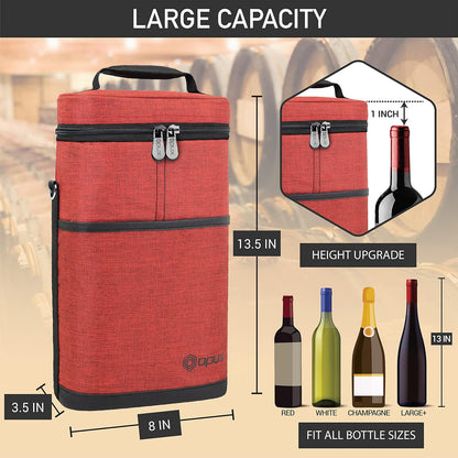 opux 2 Bottle Wine Carrier Tote, Insulated Leakproof Wine Cooler Bag, Wine Travel Bag for Picnic BYOB Beach, Portable Wine Bottle Carrying Case, Gift for Wine Lover Women Men Christmas, Red