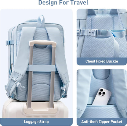 SHOWKOO Travel Backpack For Man Women, Airline Approved Carry On Laptop Backpack For Business, 40L Expandable Large Capacity Backpack, Blue