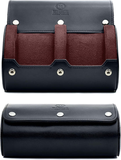 2 Watch Case for Men - Watch Roll Travel Case - Jade Black Motif Vegan Leather