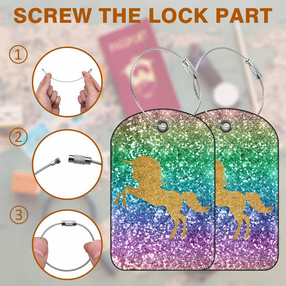 2 Pack Luggage Tag for Suitcase Sparkles Unicorn Leather Suitcase Tags with Privacy Name ID Label and Stainless Steel Loop for Travel Bag
