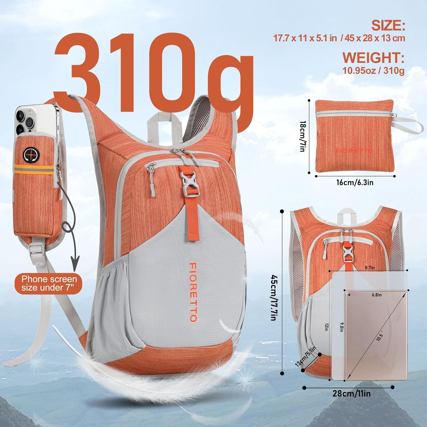 FIORETTO 15L Hiking Backpack for Women Men Mini Packable Backpack Lightweight Small Daypack for Camping Travel Outdoor, Orange