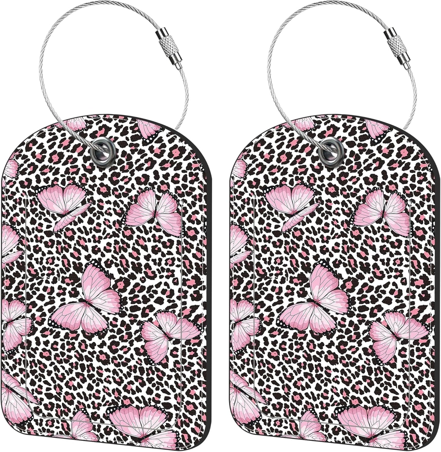 2 Pack Cute Luggage Tag for Suitcases Pink Butterfly and Leopard Leather Luggage Tags with Stainless Steel Loop Privacy Flap Name Tags,Men and Women Travel Bag Suitcase Tags
